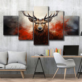 Abstract Deer Stag Head Red And Black 5 Panels Canvas Prints Wall Art Home Decor, Large Mixed Canvas