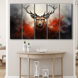 Abstract Deer Stag Head Red And Black 5 Panels B Canvas Prints Wall Art Home Decor, Extra Large Canvas