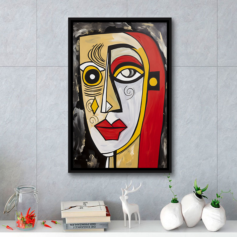 Abstract Face Red And Yellow Oil Painting V1 Framed Canvas Prints Wall Art Home Decor, Painting Canvas, Floating Frame