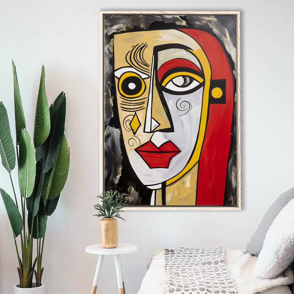 Abstract Face Red And Yellow Oil Painting V1 Framed Canvas Prints Wall Art Home Decor, Painting Canvas, Floating Frame