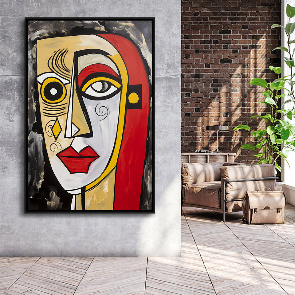 Abstract Face Red And Yellow Oil Painting V1 Framed Canvas Prints Wall Art Home Decor, Painting Canvas, Floating Frame