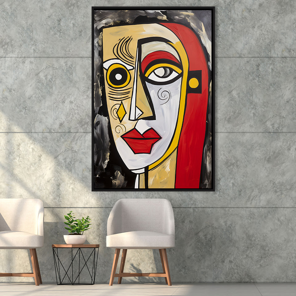 Abstract Face Red And Yellow Oil Painting V1 Framed Canvas Prints Wall Art Home Decor, Painting Canvas, Floating Frame