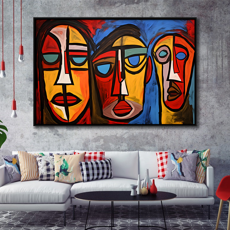 Abstract Family Three Faces Arylic Painting Framed Canvas Prints Wall Art Home Decor, Painting Canvas, Floating Frame