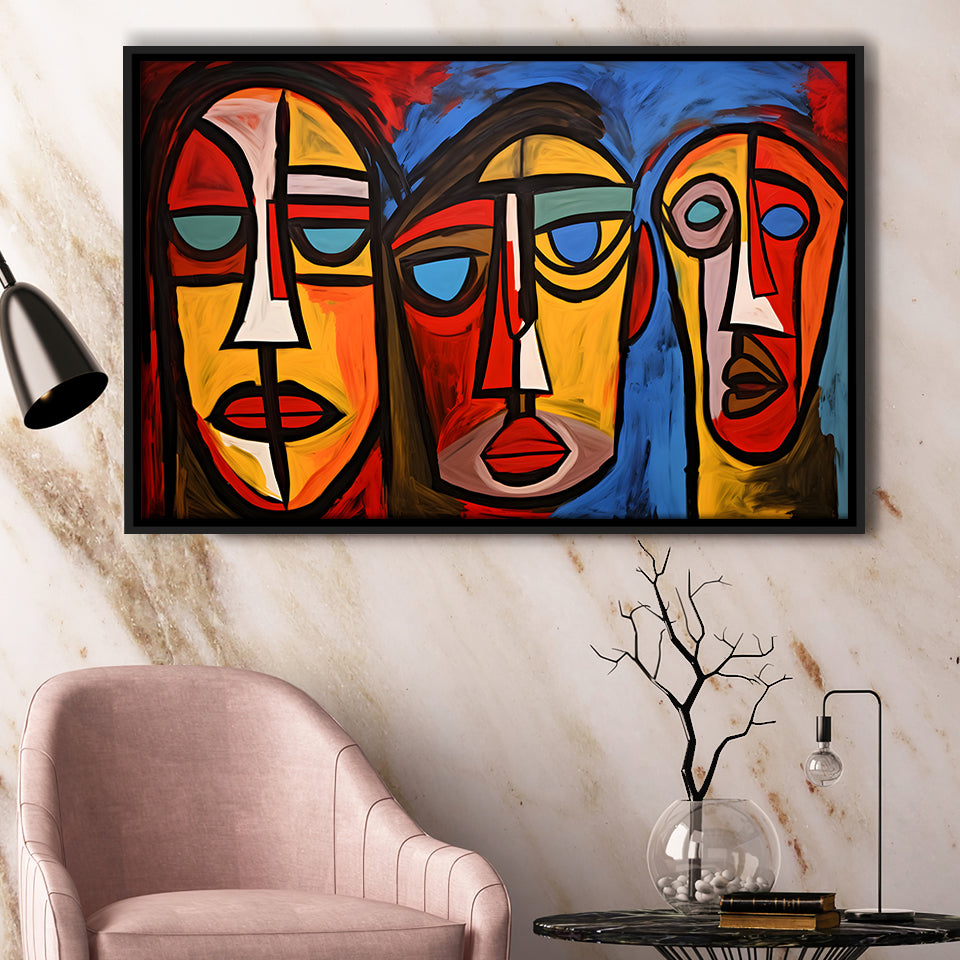 Abstract Family Three Faces Arylic Painting Framed Canvas Prints Wall Art Home Decor, Painting Canvas, Floating Frame