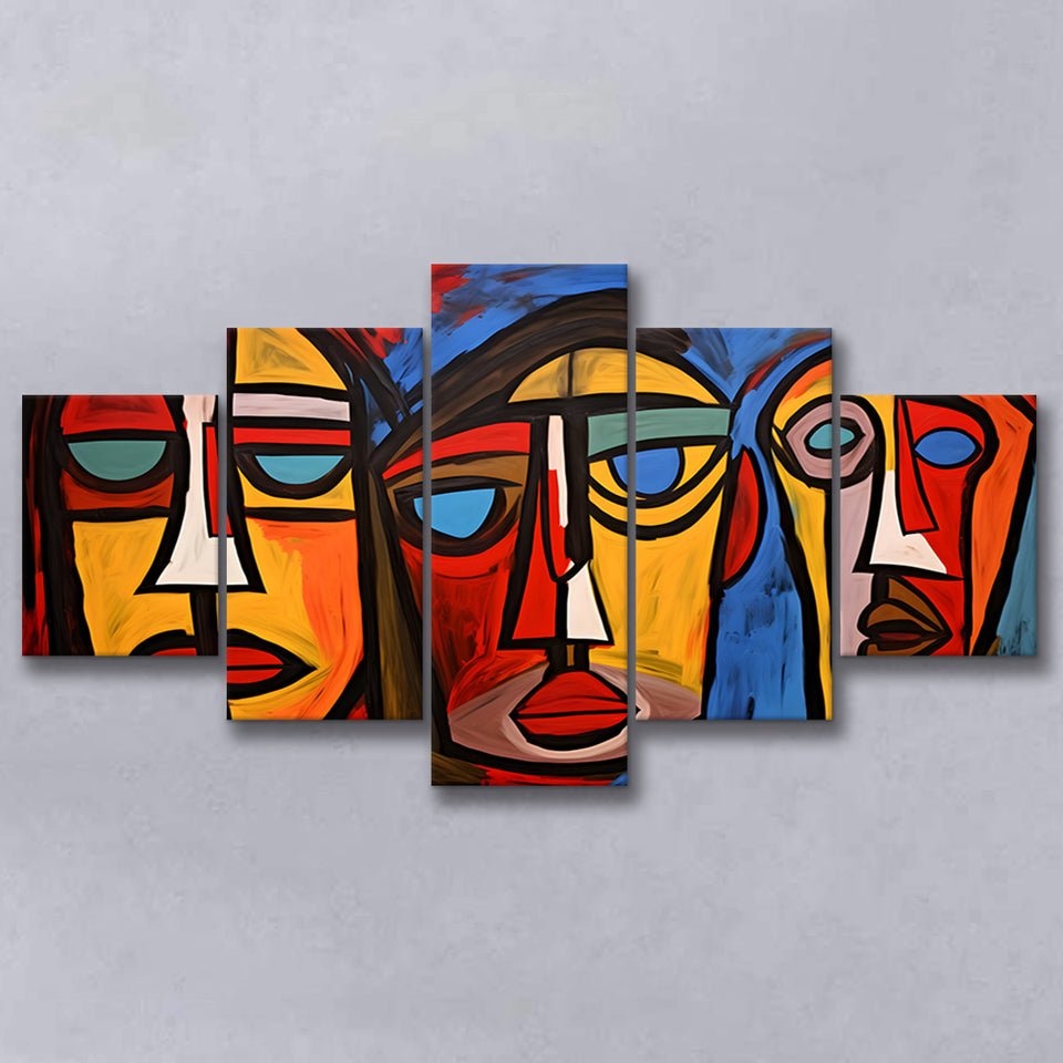 Abstract Family Three Faces Arylic Painting 5 Panels Canvas Prints Wall Art Home Decor, Large Mixed Canvas