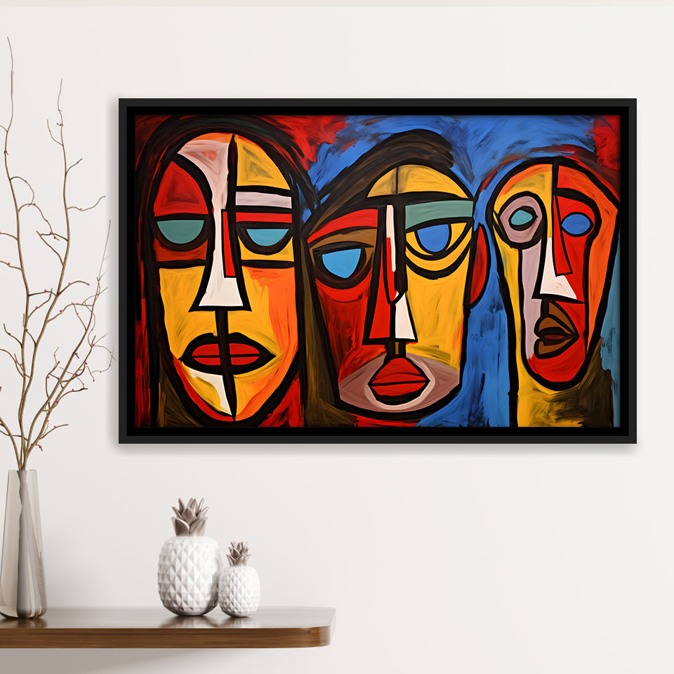 Abstract Family Three Faces Arylic Painting Framed Canvas Prints Wall Art Home Decor, Painting Canvas, Floating Frame