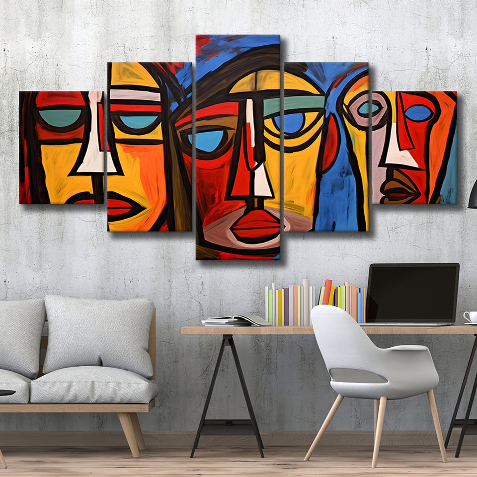 Abstract Family Three Faces Arylic Painting 5 Panels Canvas Prints Wall Art Home Decor, Large Mixed Canvas