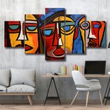 Abstract Family Three Faces Arylic Painting 5 Panels Canvas Prints Wall Art Home Decor, Large Mixed Canvas