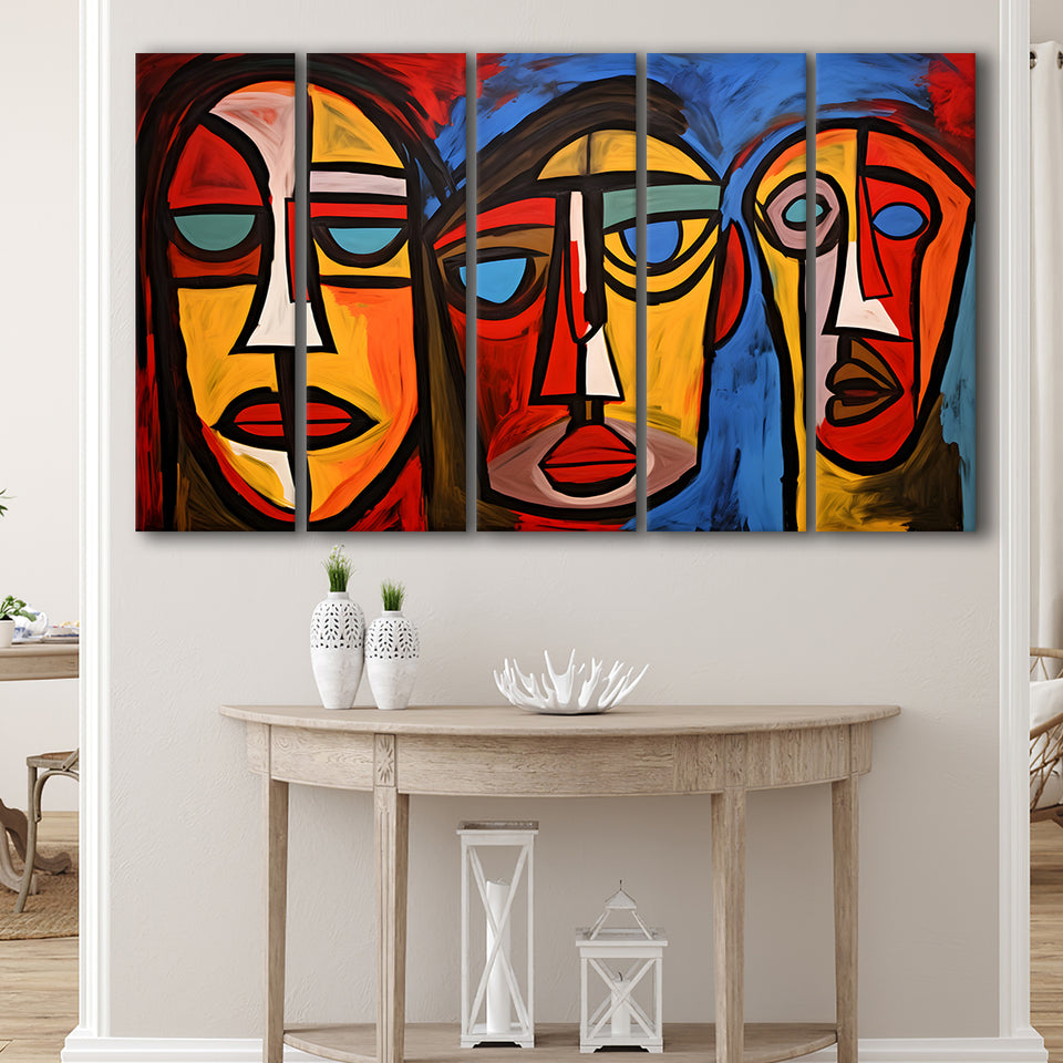 Abstract Family Three Faces Arylic Painting 5 Panels B Canvas Prints Wall Art Home Decor, Extra Large Canvas