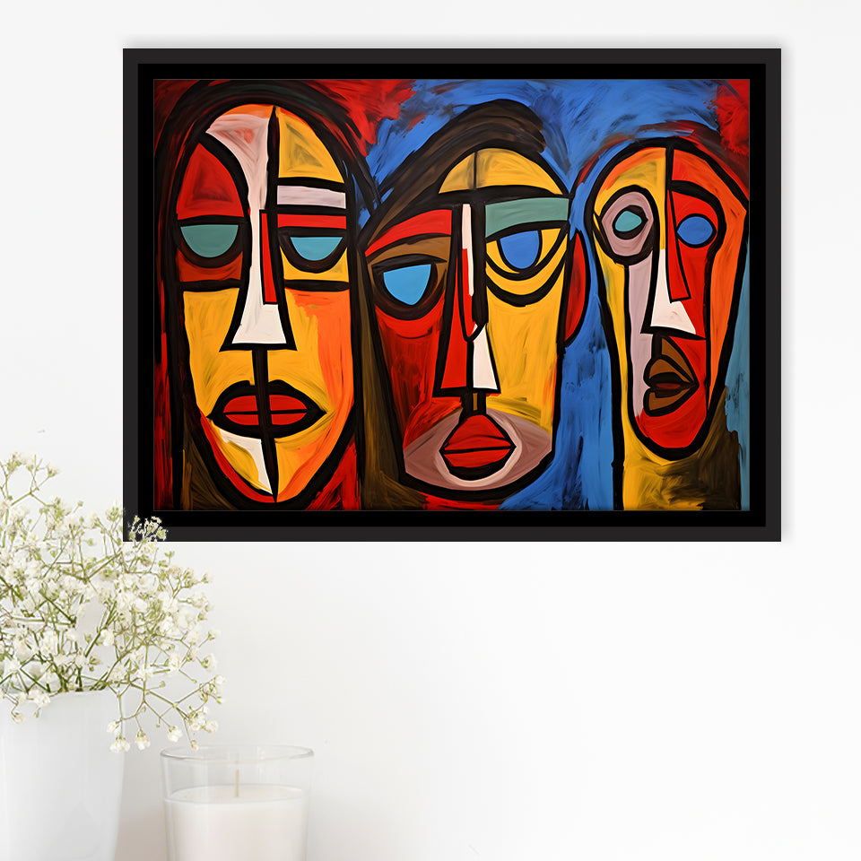 Abstract Family Three Faces Arylic Painting Framed Canvas Prints Wall Art Home Decor, Painting Canvas, Floating Frame