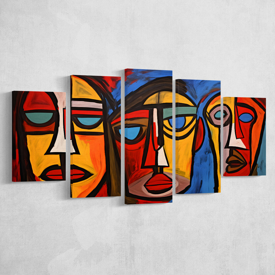 Abstract Family Three Faces Arylic Painting 5 Panels Canvas Prints Wall Art Home Decor, Large Mixed Canvas