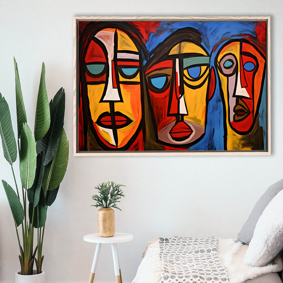 Abstract Family Three Faces Arylic Painting Framed Canvas Prints Wall Art Home Decor, Painting Canvas, Floating Frame