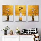 Abstract Figurative Vase Of Flower Golden Modern Painting Set of 3 Piece Canvas Prints Wall Art Decor