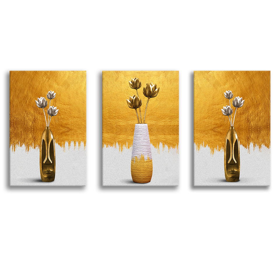 Abstract Figurative Vase Of Flower Golden Modern Painting Set of 3 Piece Canvas Prints Wall Art Decor
