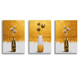 Abstract Figurative Vase Of Flower Golden Modern Painting Set of 3 Piece Canvas Prints Wall Art Decor