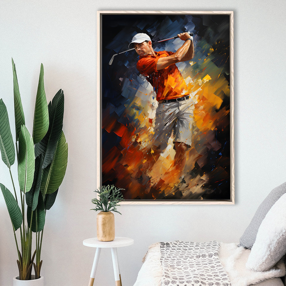 Abstract Golfer Wearing White Hat Framed Canvas Prints Wall Art Home Decor, Painting Canvas, Floating Frame