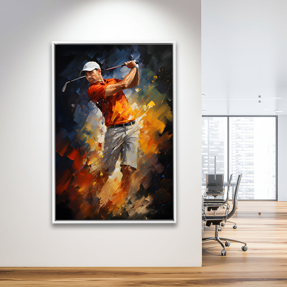 Abstract Golfer Wearing White Hat Framed Canvas Prints Wall Art Home Decor, Painting Canvas, Floating Frame