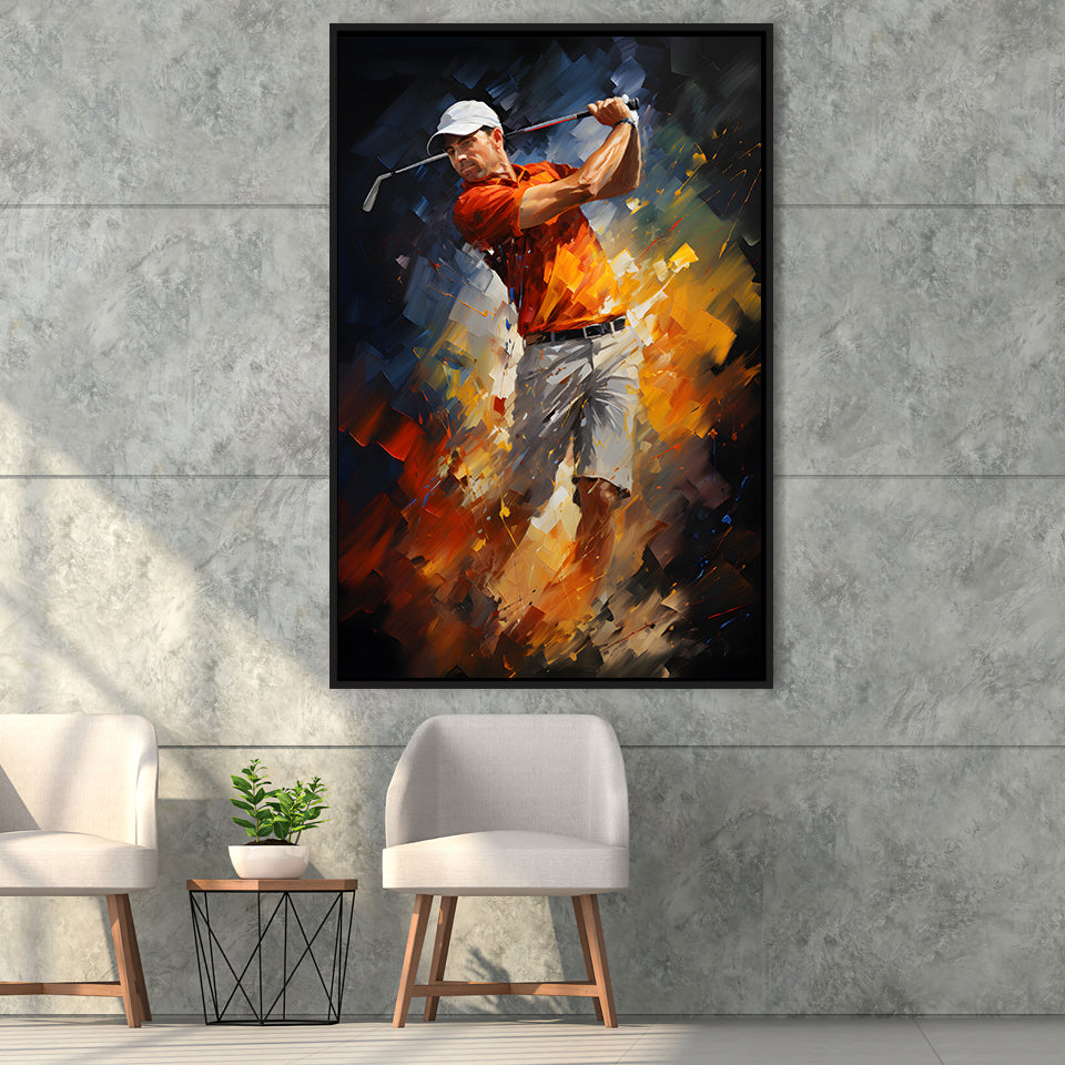 Abstract Golfer Wearing White Hat Framed Canvas Prints Wall Art Home Decor, Painting Canvas, Floating Frame