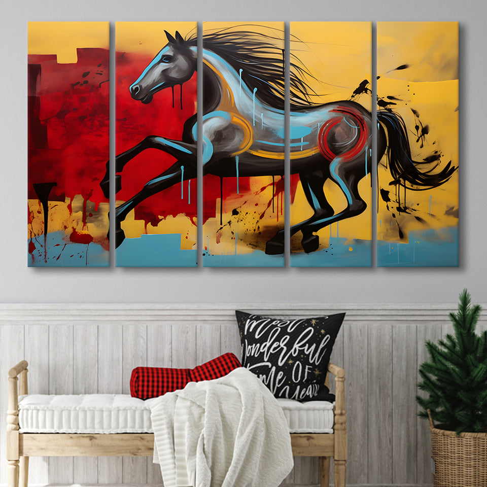 Abstract Horse Colorful Luxury Painting V7 5 Panels B Canvas Prints Wall Art Home Decor, Extra Large Canvas