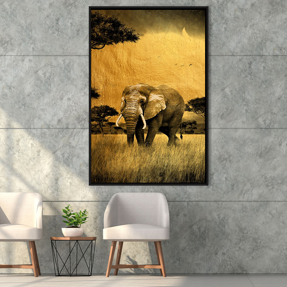 African Elephant Gray And Gold, Framed Canvas Prints Wall Art Home Decor,Floating Frame, Ready to Hang