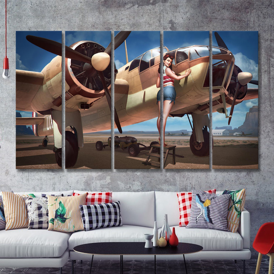 Aircraft Pin Up Girl Wing Of Angle 5 Piece B Canvas Prints Wall Art Decor - Painting Canvas, Multi Panels
