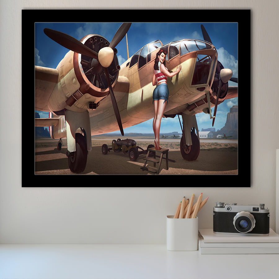Aircraft Pin Up Girl Wing Of Angle Framed Art Prints Wall Decor - Painting Art, Framed Picture, Ready to Hang