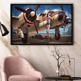 Aircraft Pin Up Girl Wing Of Angle Framed Canvas Prints Wall Art Decor - Painting Canvas, Black Framed Picture