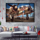 Aircraft Pin Up Girl Wing Of Angle Framed Canvas Prints Wall Art Decor - Painting Canvas, Black Framed Picture