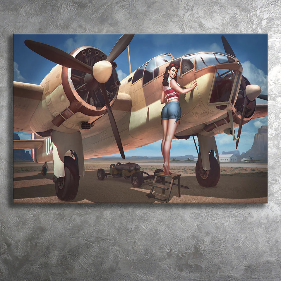 Aircraft Pin Up Girl Wing Of Angle Canvas Prints Wall Art Decor - Painting Canvas, Art Prints, Ready to Hang