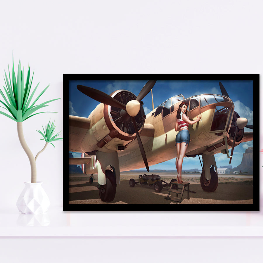 Aircraft Pin Up Girl Wing Of Angle Framed Art Prints Wall Decor - Painting Art, Framed Picture, Ready to Hang