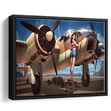Aircraft Pin Up Girl Wing Of Angle Framed Canvas Prints Wall Art Decor - Painting Canvas, Black Framed Picture