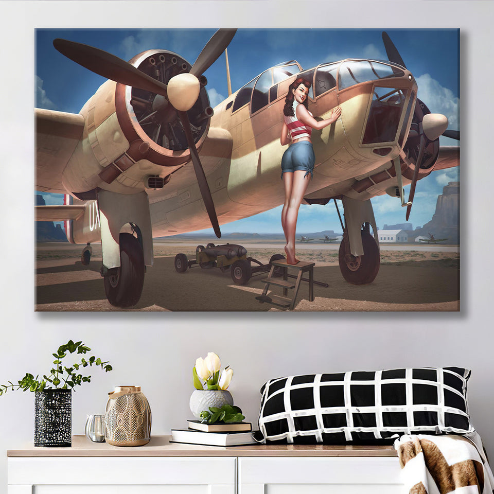 Aircraft Pin Up Girl Wing Of Angle Canvas Prints Wall Art Decor - Painting Canvas, Art Prints, Ready to Hang