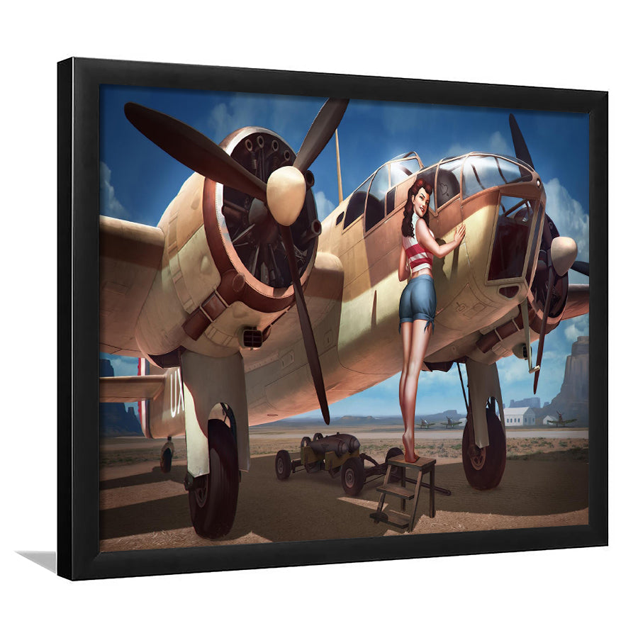 Aircraft Pin Up Girl Wing Of Angle Framed Art Prints Wall Decor - Painting Art, Framed Picture, Ready to Hang