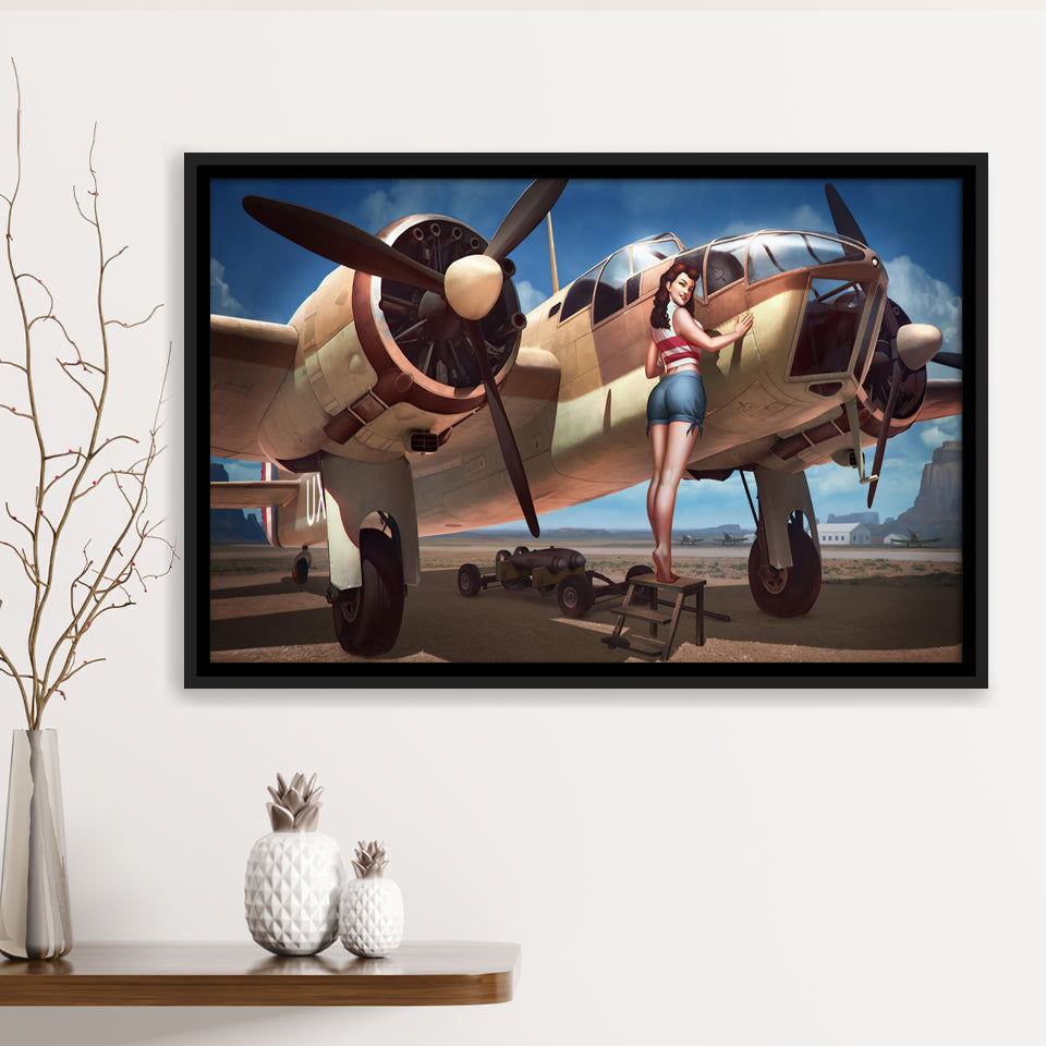 Aircraft Pin Up Girl Wing Of Angle Framed Canvas Prints Wall Art Decor - Painting Canvas, Black Framed Picture