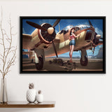 Aircraft Pin Up Girl Wing Of Angle Framed Canvas Prints Wall Art Decor - Painting Canvas, Black Framed Picture