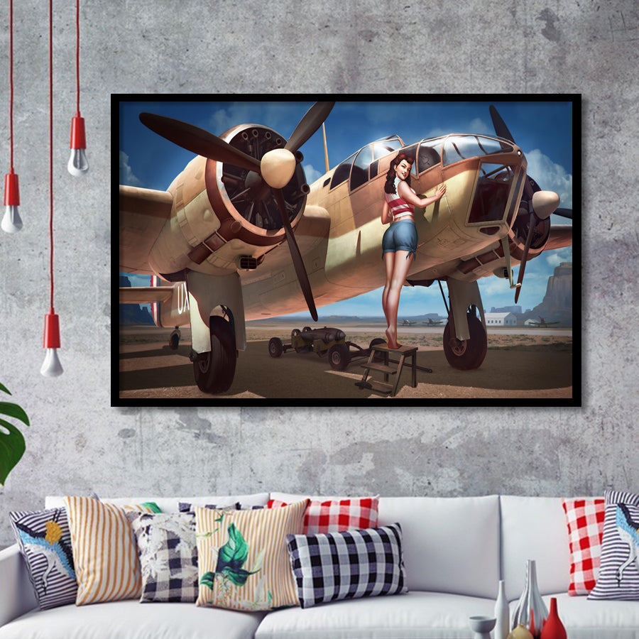 Aircraft Pin Up Girl Wing Of Angle Framed Art Prints Wall Decor - Painting Art, Framed Picture, Ready to Hang