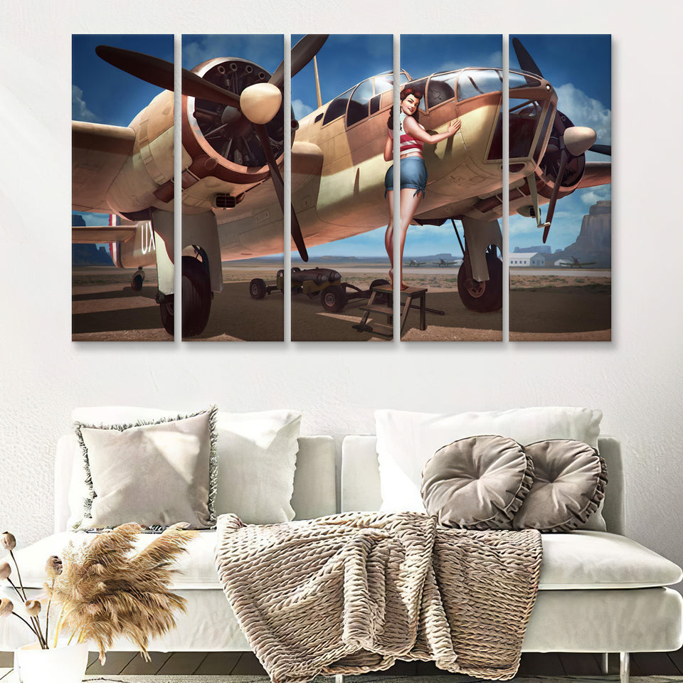 Aircraft Pin Up Girl Wing Of Angle 5 Piece B Canvas Prints Wall Art Decor - Painting Canvas, Multi Panels