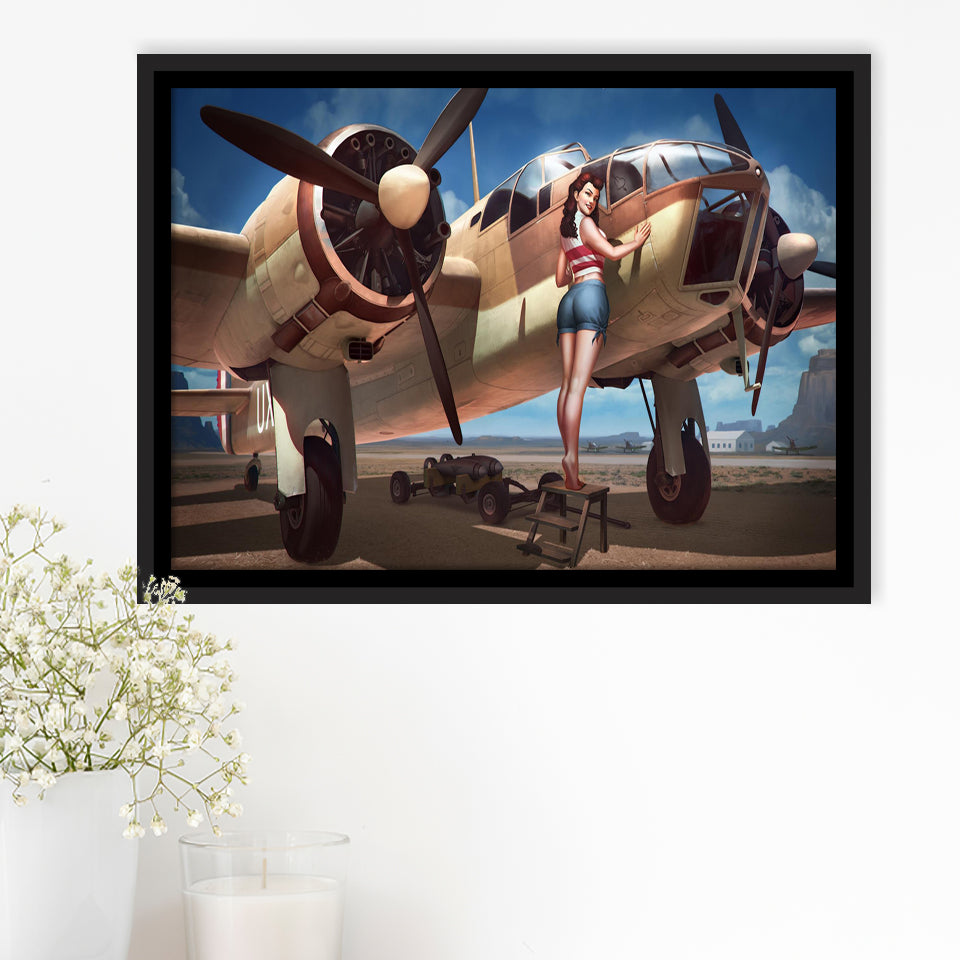 Aircraft Pin Up Girl Wing Of Angle Framed Canvas Prints Wall Art Decor - Painting Canvas, Black Framed Picture