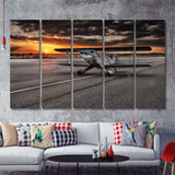 Airport Runway Biplane Aero Plane In A Sunset View 5 Piece B Canvas Prints Wall Art Decor - Painting Canvas, Multi Panels