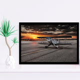 Airport Runway Biplane Aero Plane In A Sunset View Framed Art Prints Wall Decor - Painting Art, Framed Picture, Ready to Hang