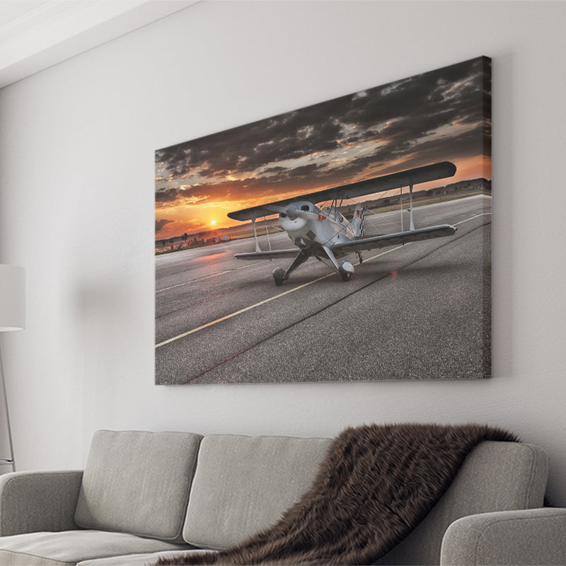 Airport Runway Biplane Aero Plane In A Sunset View Canvas Prints Wall Art Decor - Painting Canvas, Art Prints, Ready to Hang