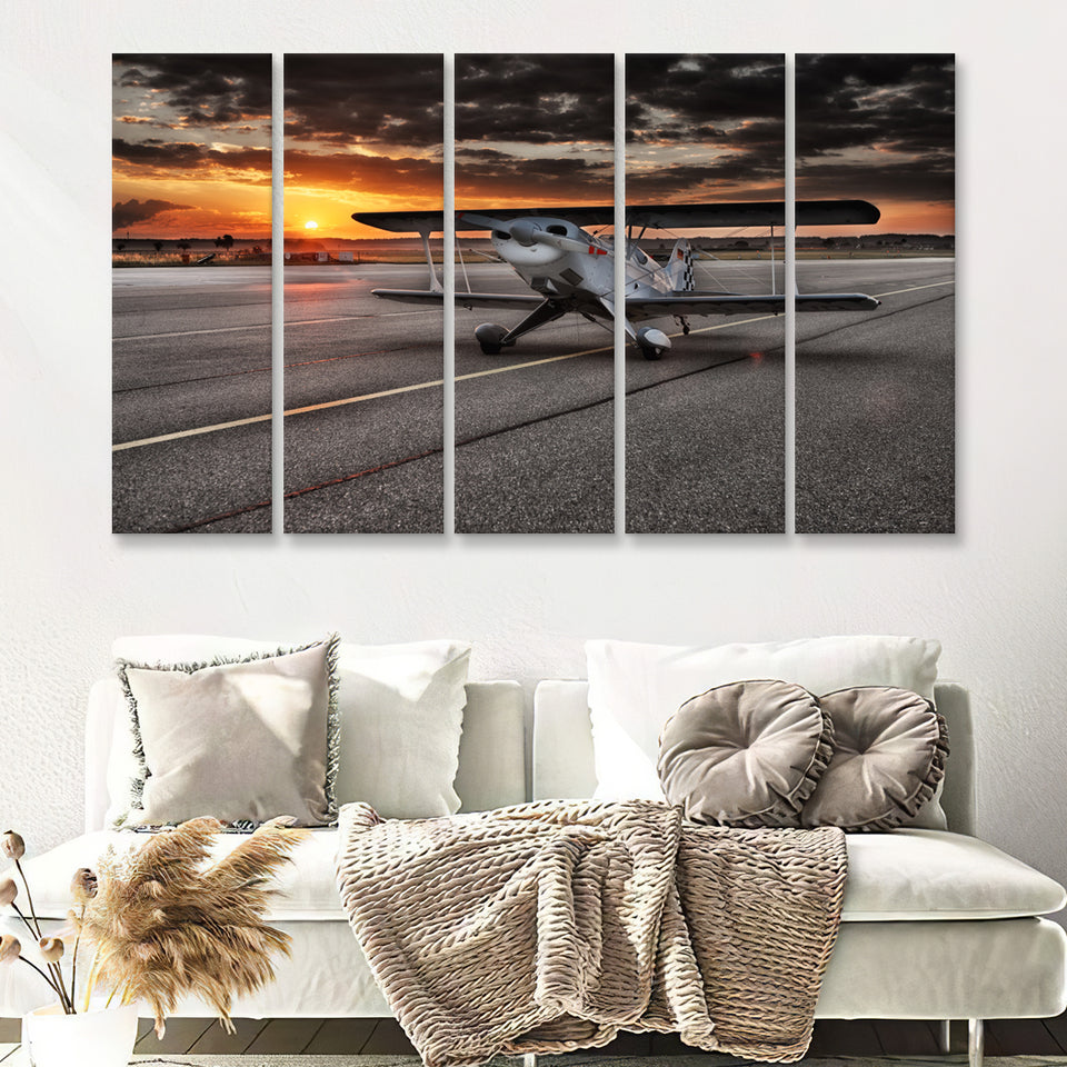 Airport Runway Biplane Aero Plane In A Sunset View 5 Piece B Canvas Prints Wall Art Decor - Painting Canvas, Multi Panels