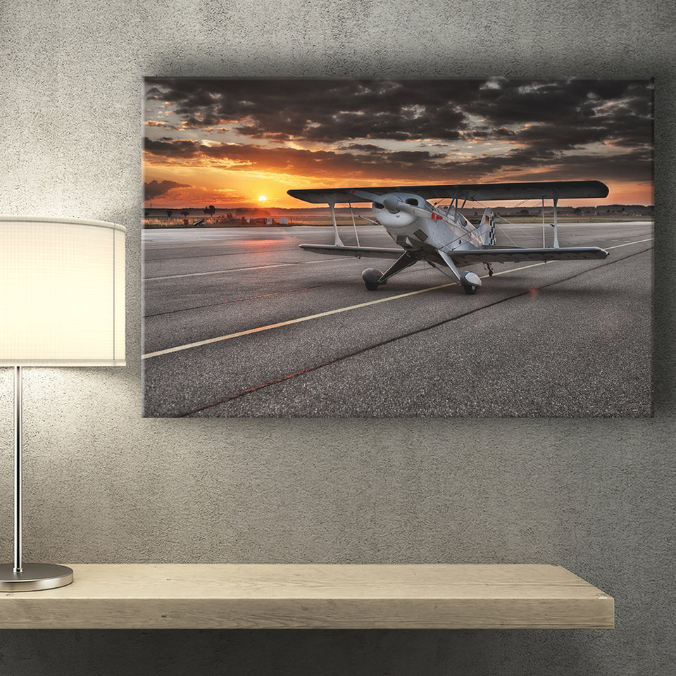 Airport Runway Biplane Aero Plane In A Sunset View Canvas Prints Wall Art Decor - Painting Canvas, Art Prints, Ready to Hang