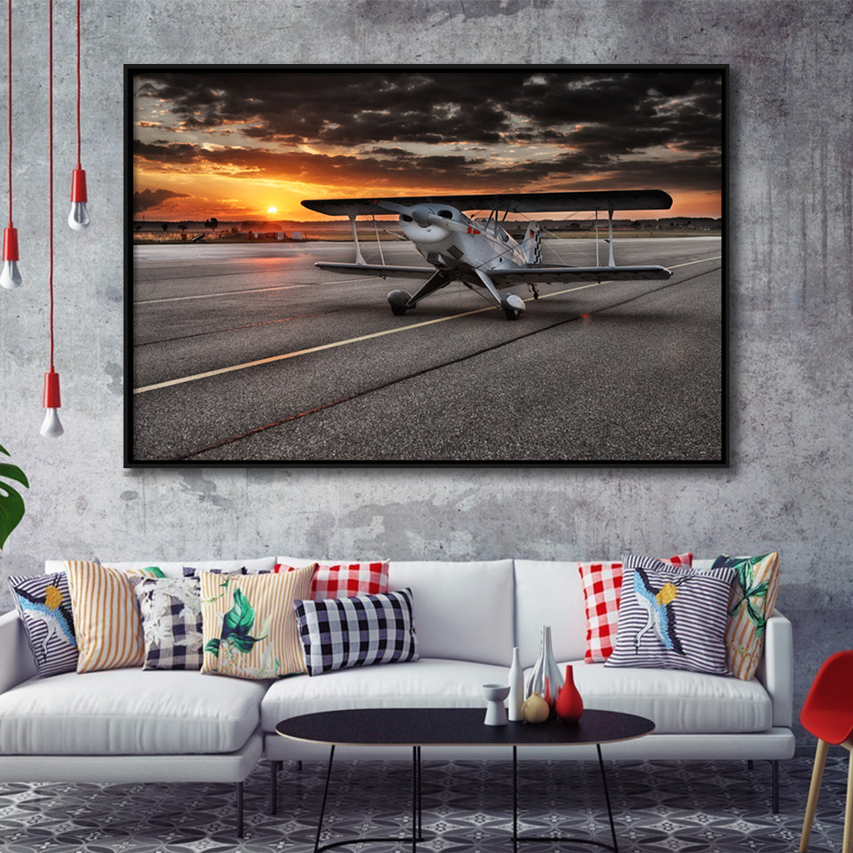 Airport Runway Biplane Aero Plane In A Sunset View Framed Canvas Prints Wall Art Decor - Painting Canvas, Black Framed Picture