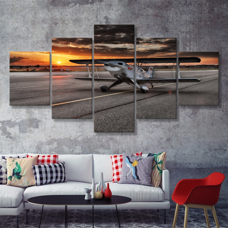 Airport Runway Biplane Aero Plane In A Sunset View 5 Piece Canvas Prints Wall Art Decor - Painting Canvas, Multi Panels