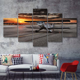 Airport Runway Biplane Aero Plane In A Sunset View 5 Piece Canvas Prints Wall Art Decor - Painting Canvas, Multi Panels