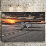 Airport Runway Biplane Aero Plane In A Sunset View Canvas Prints Wall Art Decor - Painting Canvas, Art Prints, Ready to Hang