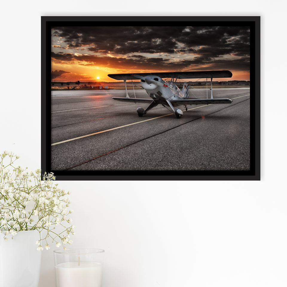 Airport Runway Biplane Aero Plane In A Sunset View Framed Canvas Prints Wall Art Decor - Painting Canvas, Black Framed Picture