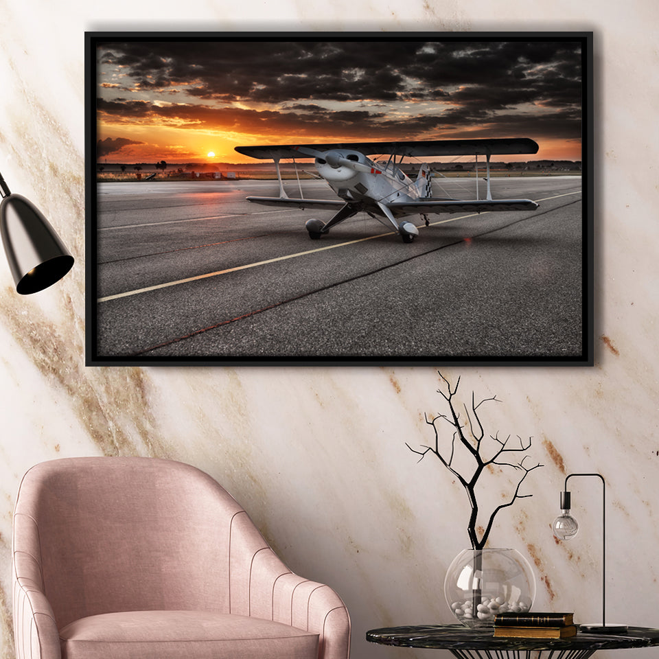 Airport Runway Biplane Aero Plane In A Sunset View Framed Canvas Prints Wall Art Decor - Painting Canvas, Black Framed Picture