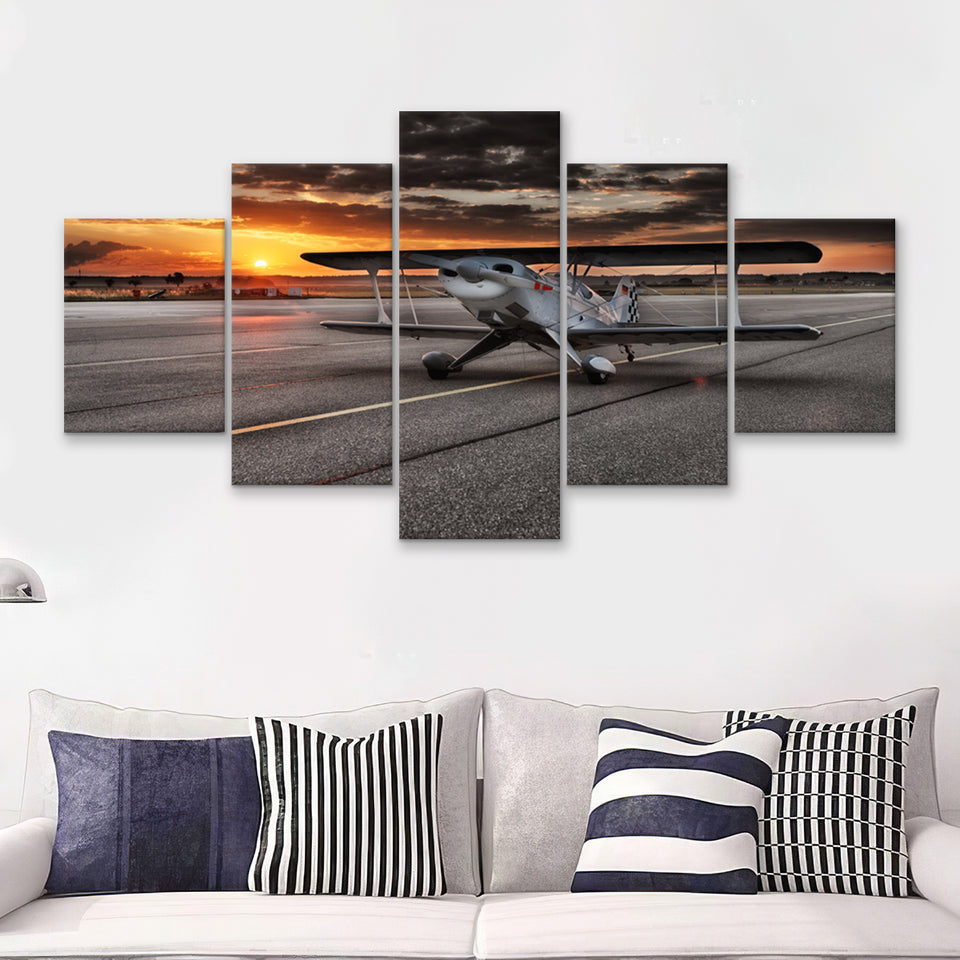 Airport Runway Biplane Aero Plane In A Sunset View 5 Piece Canvas Prints Wall Art Decor - Painting Canvas, Multi Panels